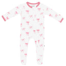 Baby girl zippered footie in white with pink bows, featuring long sleeves and pink trim.