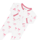 Baby girl zippered footie featuring a white fabric with pink bow prints and pink trim, designed for comfort and style.