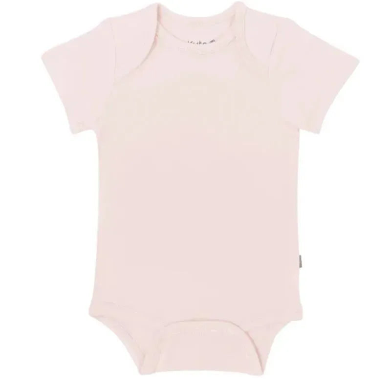 Short-sleeve baby bodysuit in blush color, featuring a simple design and a snap closure at the bottom.