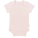 Short-sleeve baby bodysuit in blush color, featuring a simple design and a snap closure at the bottom.