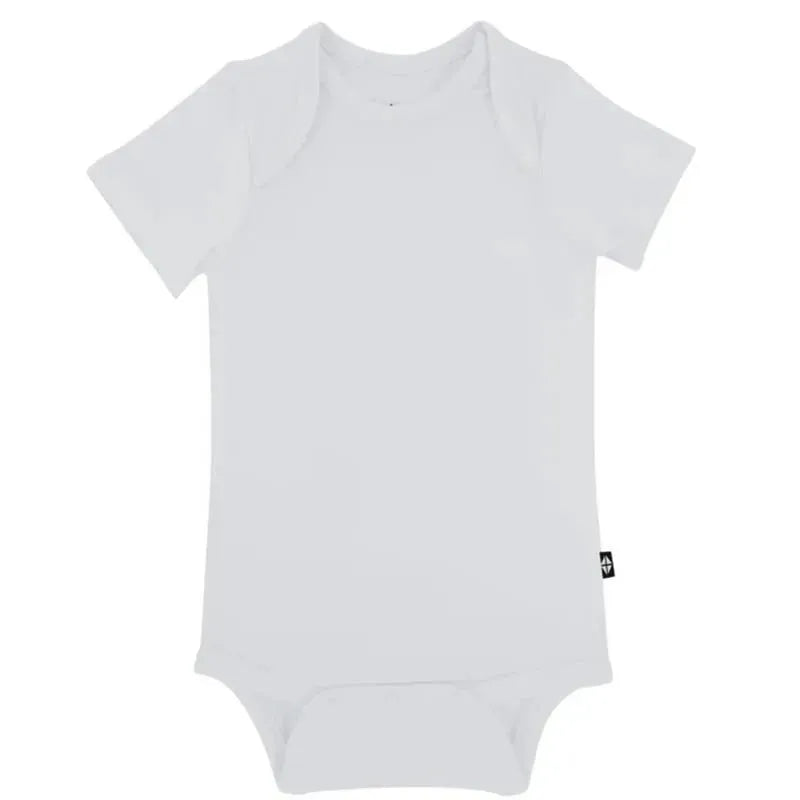 Neutral baby bodysuit in storm gray with short sleeves and a snap closure at the bottom.