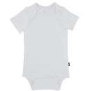 Neutral baby bodysuit in storm gray with short sleeves and a snap closure at the bottom.