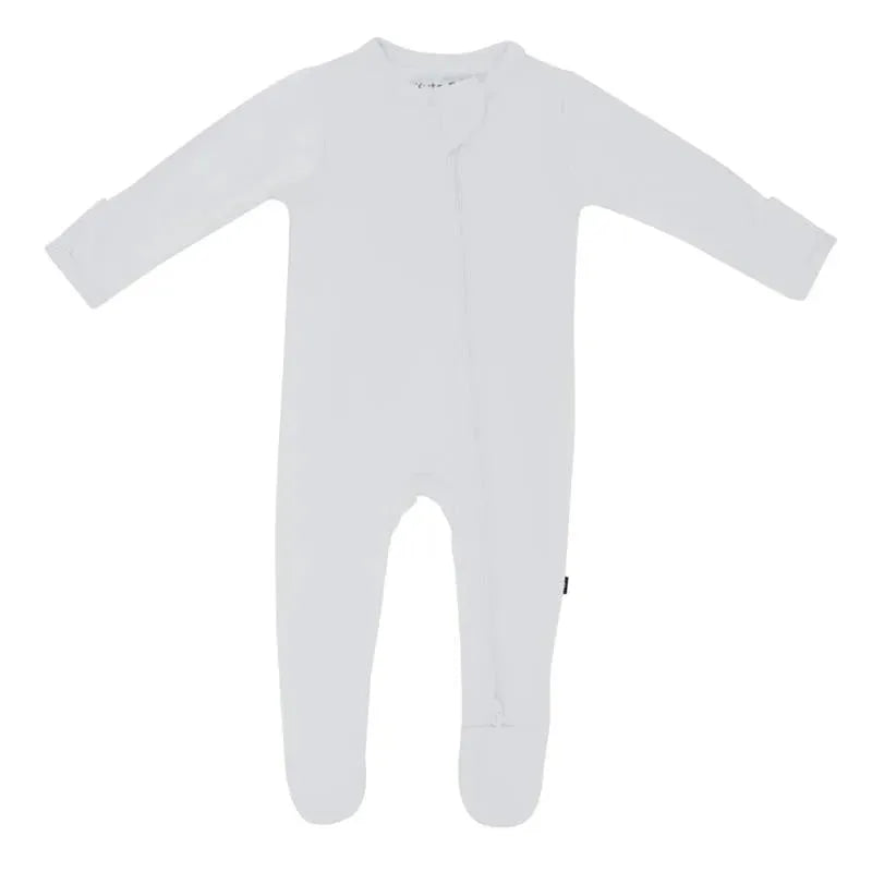 Neutral white zippered footie for babies with long sleeves and footed design, perfect for comfort and style.