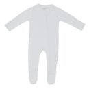 Neutral white zippered footie for babies with long sleeves and footed design, perfect for comfort and style.