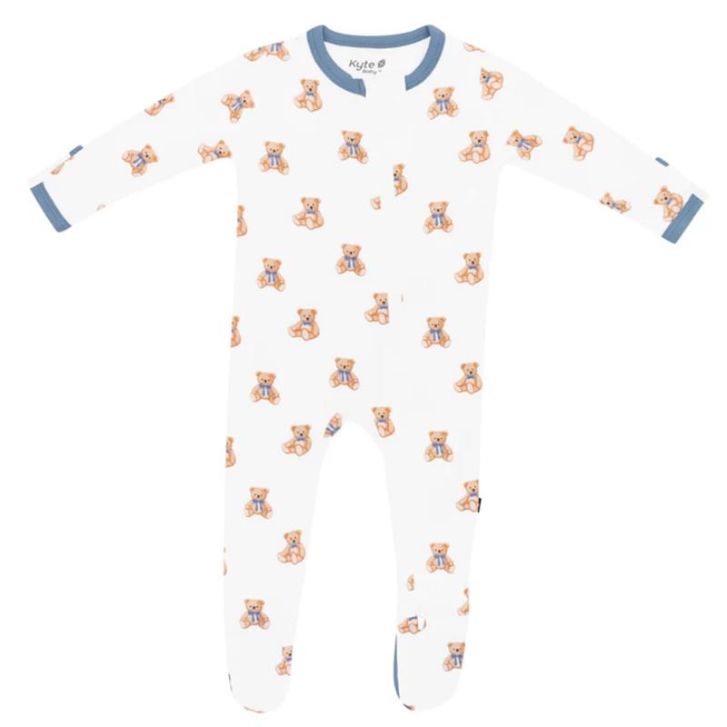 Baby zippered footie featuring a white background with colorful teddy bear prints, designed for comfort and warmth.