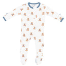 Baby zippered footie featuring a white background with colorful teddy bear prints, designed for comfort and warmth.