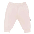 Blush-colored baby pants with an elastic waistband and gathered ankle cuffs, designed for comfort and style.