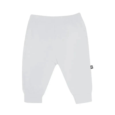 Baby pant by Kyte Baby in storm gray, featuring a soft elastic waistband and cuffs.