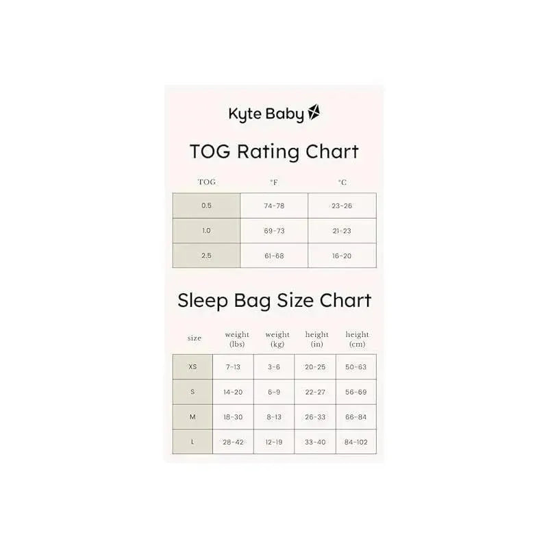 TOG and size rating chart for Kyte Baby sleep bags, detailing temperature ratings and sizes with weight and height specifications.