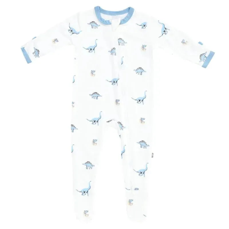 Baby zippered footie by Kyte Baby in Jurassic design, featuring colorful dinosaur prints on a white background.