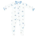 Baby zippered footie by Kyte Baby in Jurassic design, featuring colorful dinosaur prints on a white background.