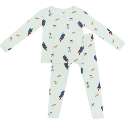Bamboo long sleeve pajamas for kids featuring a Superman design with colorful comic-style graphics.