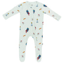 Bamboo zippered footie for babies featuring a Superman design with colorful illustrations and superhero motifs.