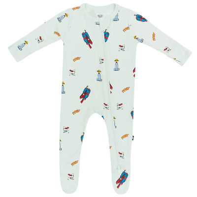 Bamboo zippered footie for babies featuring a Superman design with colorful illustrations and superhero motifs.