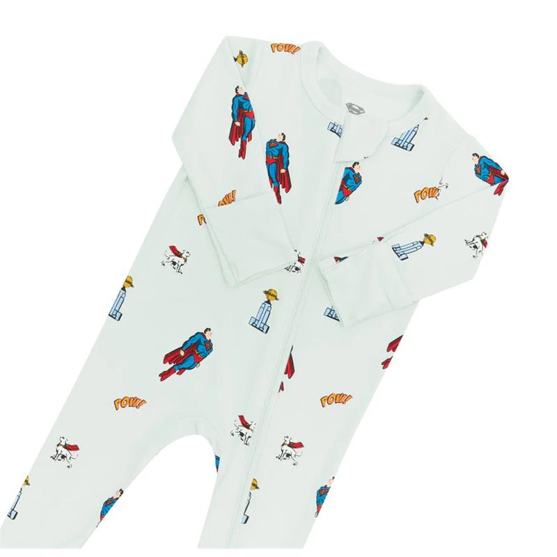 Bamboo zippered footie for babies, featuring Superman designs and comic-style graphics in a light color scheme.