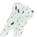Bamboo zippered footie for babies, featuring Superman designs and comic-style graphics in a light color scheme.