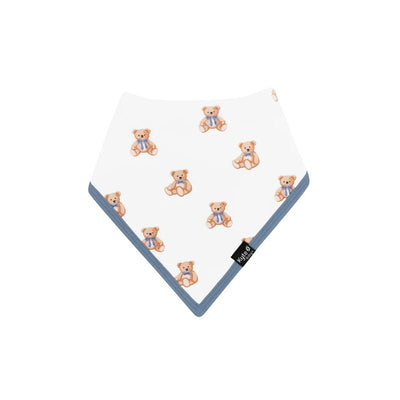 Kyte Baby Bib featuring a teddy bear pattern on a white background with a blue trim.