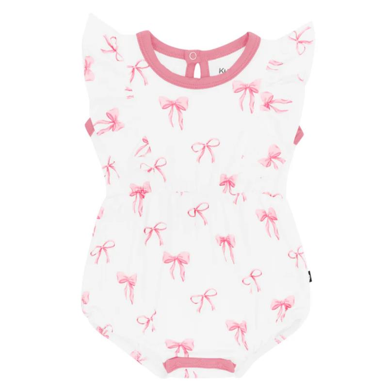 Kyte Baby Bubble Romper in white with pink bow prints and frill sleeves, designed for infants.