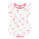 Kyte Baby Bubble Romper in white with pink bow prints and frill sleeves, designed for infants.