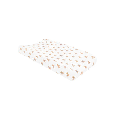 Change pad cover featuring a repeated teddy bear print on a white background. Ideal for baby changing stations.