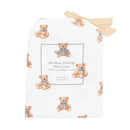 Bamboo change pad cover featuring a teddy bear print, labeled with dimensions and product information.