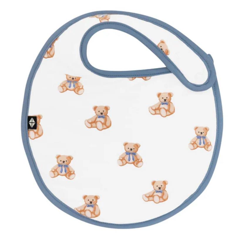Cushy bib featuring a teddy bear print and a light blue trim, designed for babies to keep clean during meals.