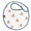 Cushy bib featuring a teddy bear print and a light blue trim, designed for babies to keep clean during meals.