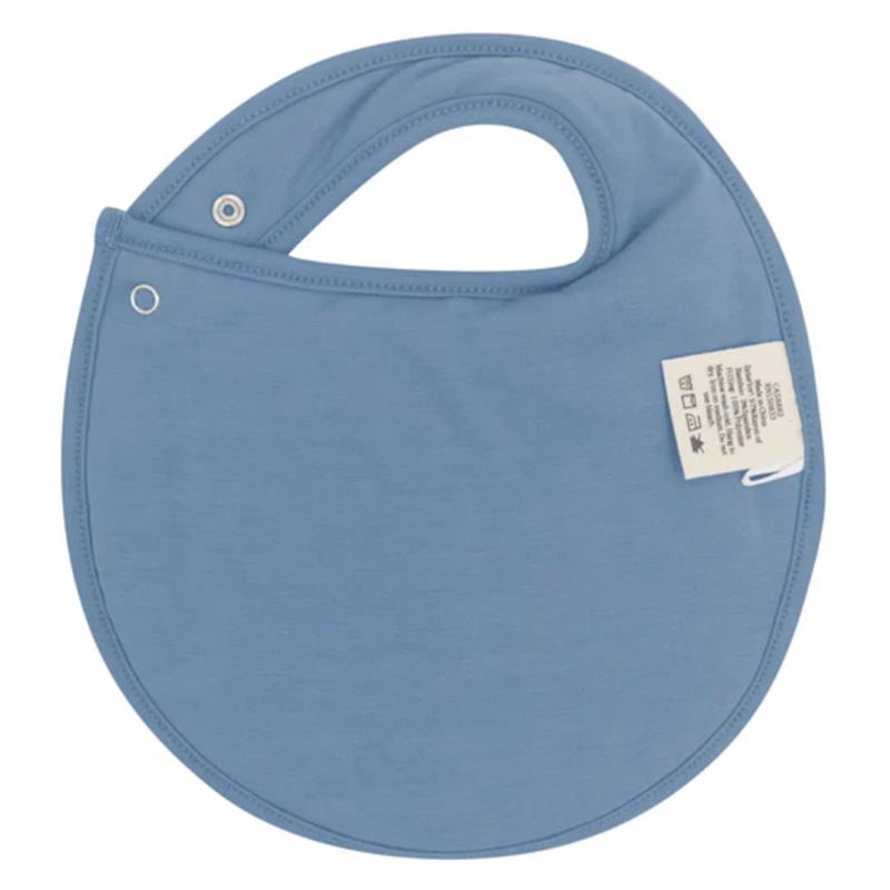 Cushy blue bib designed for babies, featuring a rounded shape and a small handle for easy wear and removal.