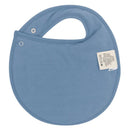 Cushy blue bib designed for babies, featuring a rounded shape and a small handle for easy wear and removal.