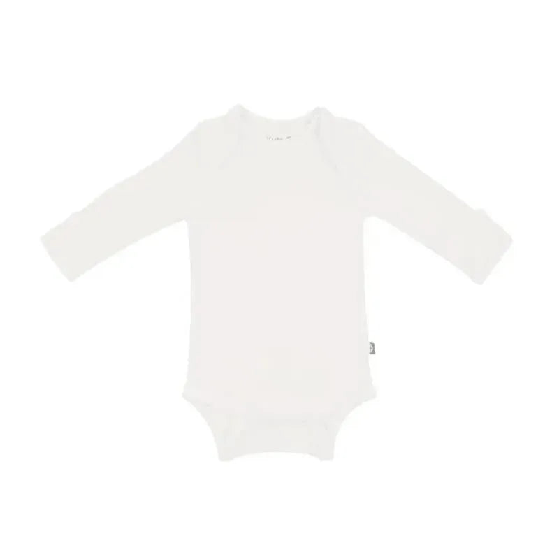 Long sleeve white bodysuit with a soft texture, designed for infants, featuring a simple round neckline.