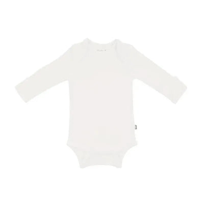 Long sleeve white bodysuit with a soft texture, designed for infants, featuring a simple round neckline.