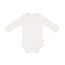 Long sleeve white bodysuit with a soft texture, designed for infants, featuring a simple round neckline.