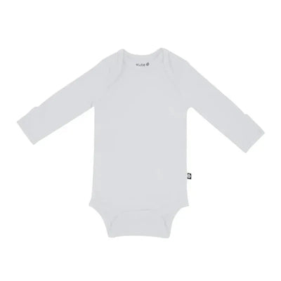 Long sleeve, light gray bodysuit by Kyte Baby featuring a secure snap bottom and soft fabric.
