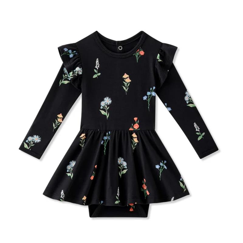 Long sleeve twirl bodysuit dress in black featuring colorful wildflower patterns and ruffled sleeves.