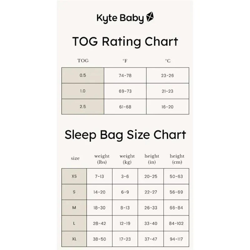 TOG and size charts for Kyte Baby sleep bags. Includes ratings and weight/height guidelines for each size.