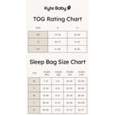 TOG and size charts for Kyte Baby sleep bags. Includes ratings and weight/height guidelines for each size.