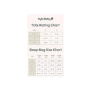 Kyte Baby TOG and sleep bag size chart showing temperature ratings and weight/height guidelines for various sizes.