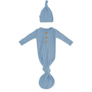 Ribbed slate-colored knotted gown with three wooden buttons and matching knotted hat set for infants.