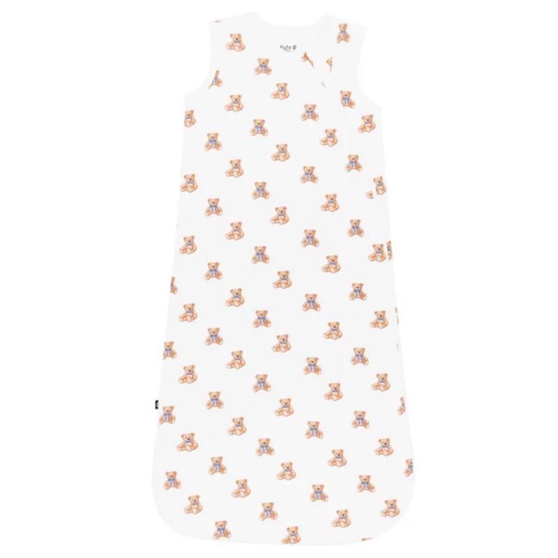 Kyte Baby Sleep Bag in Teddy Bear 1.0 Tog XL features a white fabric adorned with small teddy bear illustrations, designed for sleep comfort.