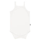 Spaghetti strap body suit for infants in white color, featuring a simple, comfortable design.