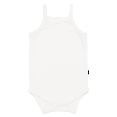 Spaghetti strap body suit for infants in white color, featuring a simple, comfortable design.