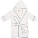 Toddler bath robe in white with gray trim and a hood, featuring a tie belt and front pockets.
