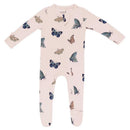 Zippered footie in blush color featuring various butterfly prints, designed for infants by Kyte Baby.