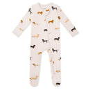 Zippered baby footie featuring a playful dachshund pattern in various colors on a light background.