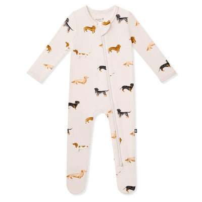 Zippered baby footie featuring a playful dachshund pattern in various colors on a light background.