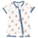 Zippered shortall romper featuring a teddy bear print on a white background with blue trim.