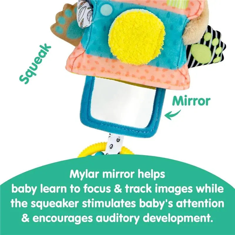 Colorful soft toy camera with a Mylar mirror, squeaker, and textured patterns for baby’s sensory development.