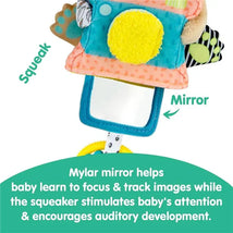 Colorful soft toy camera with a Mylar mirror, squeaker, and textured patterns for baby’s sensory development.