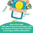 Colorful soft toy camera with a Mylar mirror, squeaker, and textured patterns for baby’s sensory development.