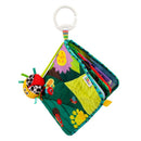 Colorful soft book featuring illustrations of flowers, insects, and textures, designed for babies, with a clip for easy attachment.